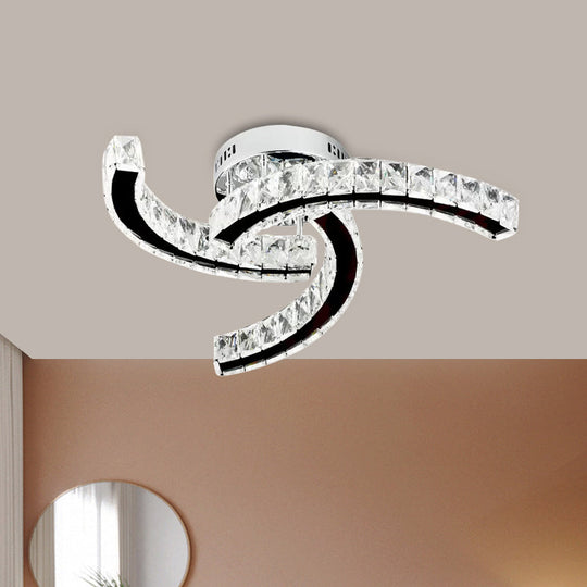 Modern Curved Crystal Block Led Ceiling Lamp In Stainless-Steel - Warm/White Light / White