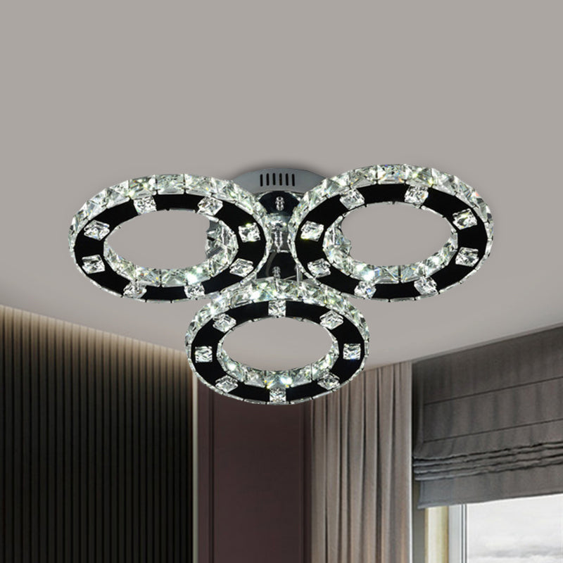 Sleek Stainless-Steel Led Ceiling Light With Cur Crystal Shade - 3-Ring Semi Mount Fixture