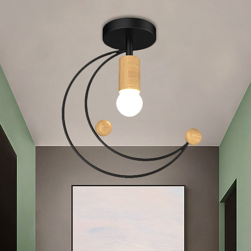 Modern Metallic Crescent Ceiling Light With Wooden Ball Deco - Semi Flush Mount In Black/White/Grey