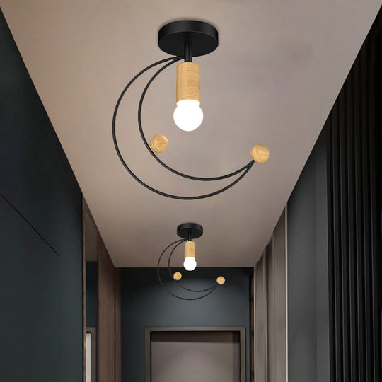 Modern Metallic Crescent Ceiling Light With Wooden Ball Deco - Semi Flush Mount In Black/White/Grey
