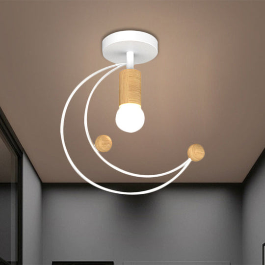 Modern Metallic Crescent Ceiling Light With Wooden Ball Deco - Semi Flush Mount In Black/White/Grey