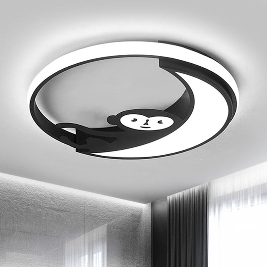 Led Monkey Cartoon Style Flush Mount Lamp - Black/White Metal Ceiling Lighting Fixture Black