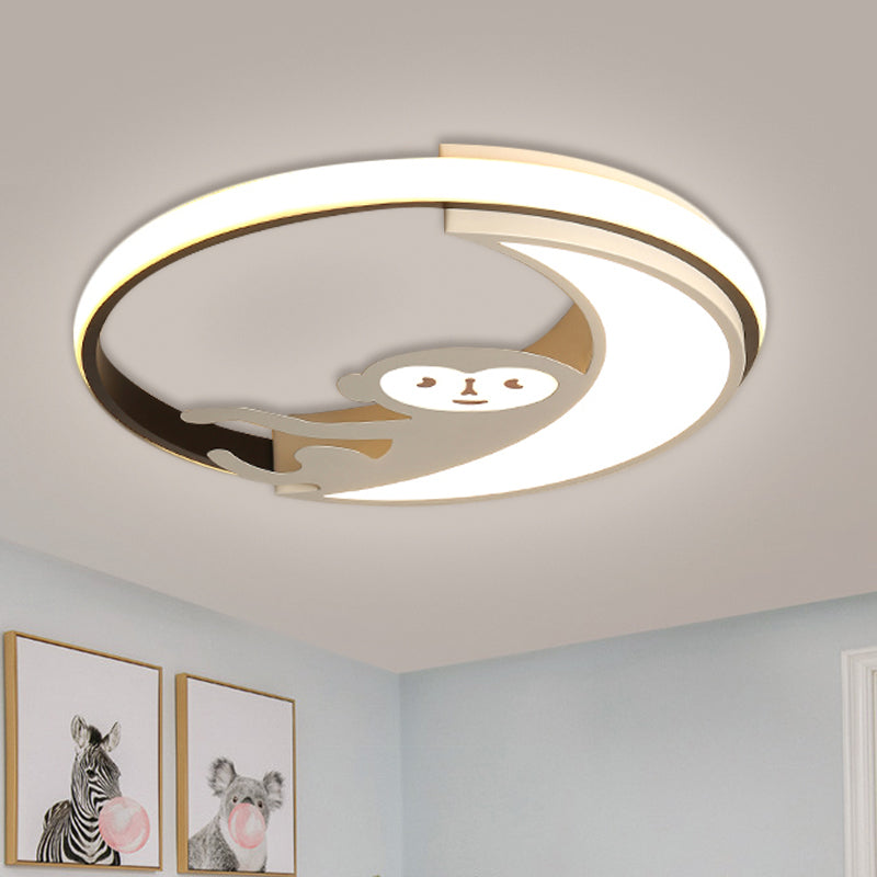 Led Monkey Cartoon Style Flush Mount Lamp - Black/White Metal Ceiling Lighting Fixture White