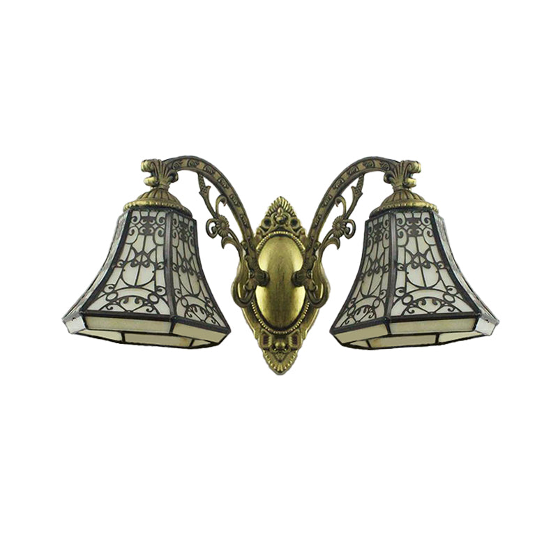 2-Head Beige Glass Bell Wall Sconce With Rustic Lodge Fence Design