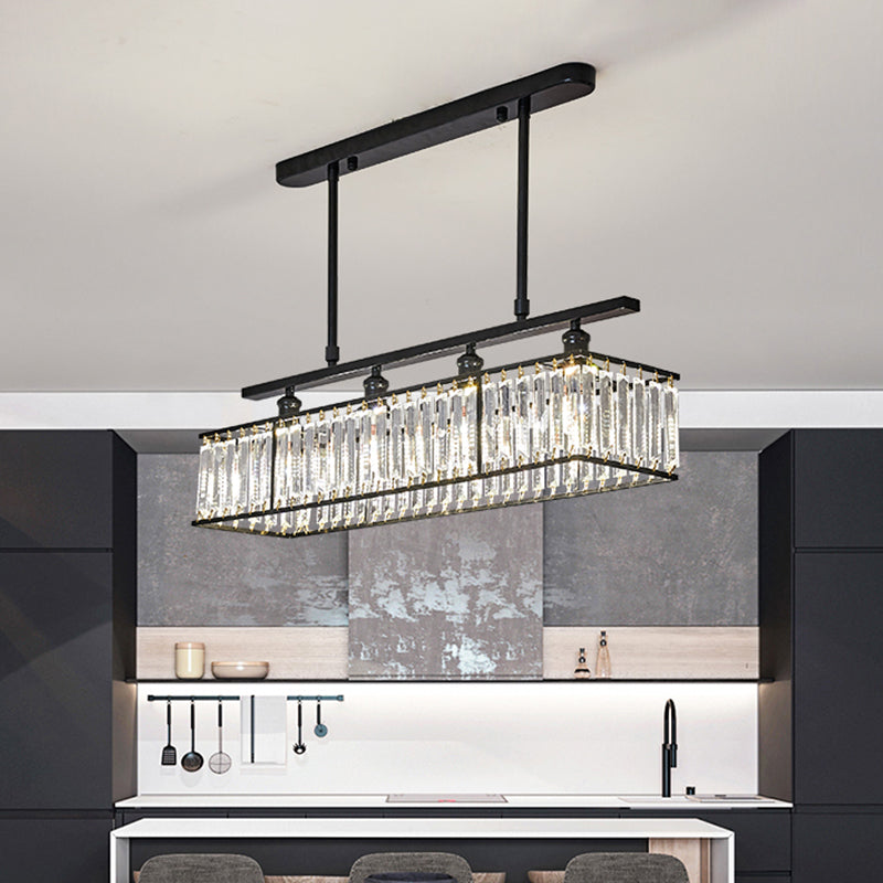Sleek 4-Head Island Light: Champagne/Black Rectangle Suspension With Crystal Prisms