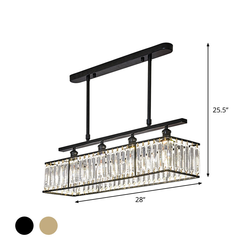 Sleek 4-Head Island Light: Champagne/Black Rectangle Suspension With Crystal Prisms