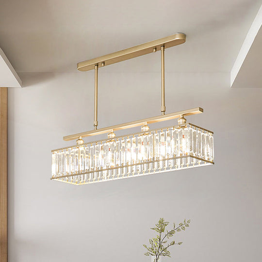 Sleek 4-Head Island Light: Champagne/Black Rectangle Suspension With Crystal Prisms Champagne