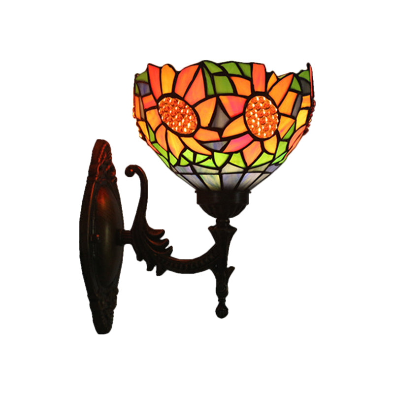 Wall Sconce: Elegant 1-Light Bedroom Baroque Brass Sunflower Pattern With Stained Glass Bowl Shade