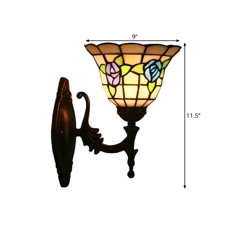 Tiffany Style Stained Glass Wall Sconce With Flared Design - Red/Pink/Blue Floral Pattern