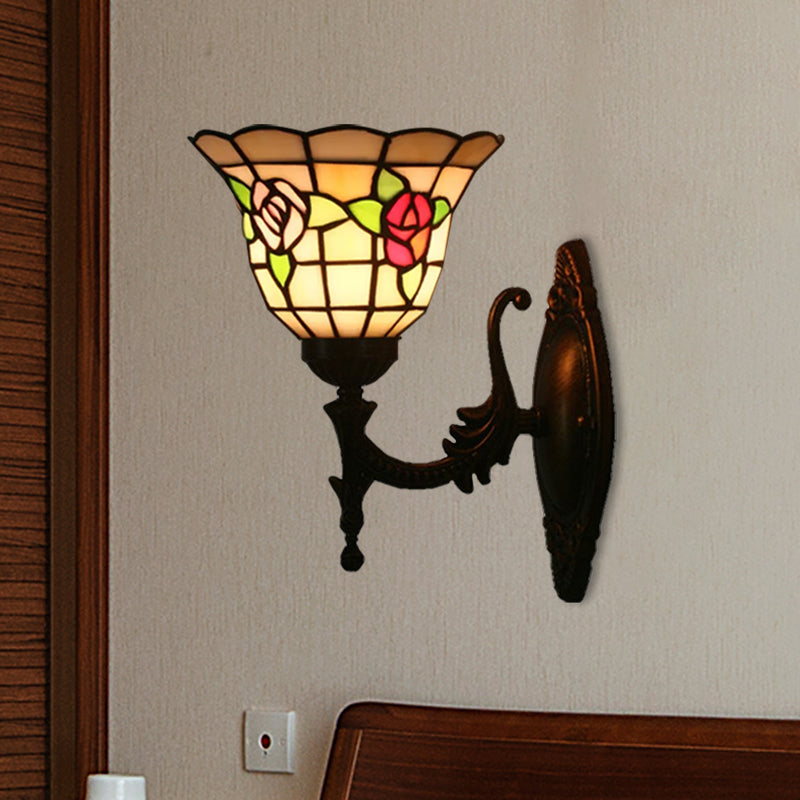 Tiffany Style Stained Glass Wall Sconce With Flared Design - Red/Pink/Blue Floral Pattern Red-Pink