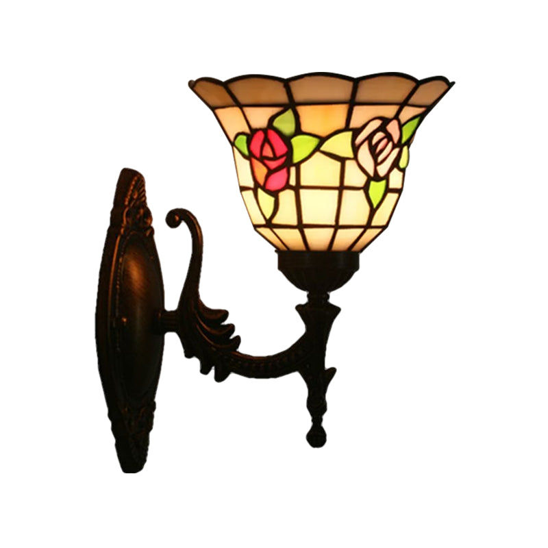 Tiffany Style Stained Glass Wall Sconce With Flared Design - Red/Pink/Blue Floral Pattern