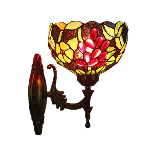 Tiffany Style Wall Sconce With Hand-Cut Glass And Brass Flower & Grape Design