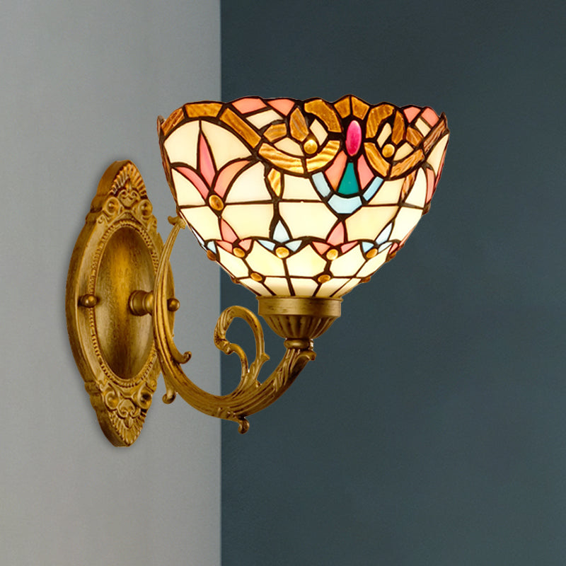 Baroque Gold Domed Wall Mount Lamp: 1-Head Stained Glass Sconce With Swirled Arm