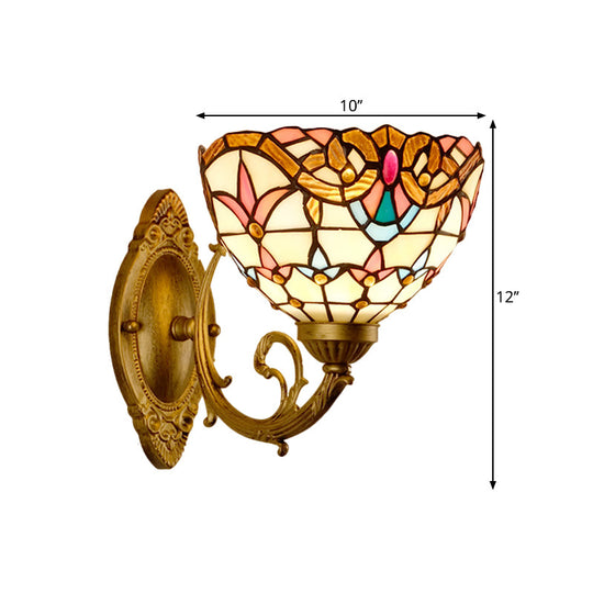 Baroque Gold Domed Wall Mount Lamp: 1-Head Stained Glass Sconce With Swirled Arm