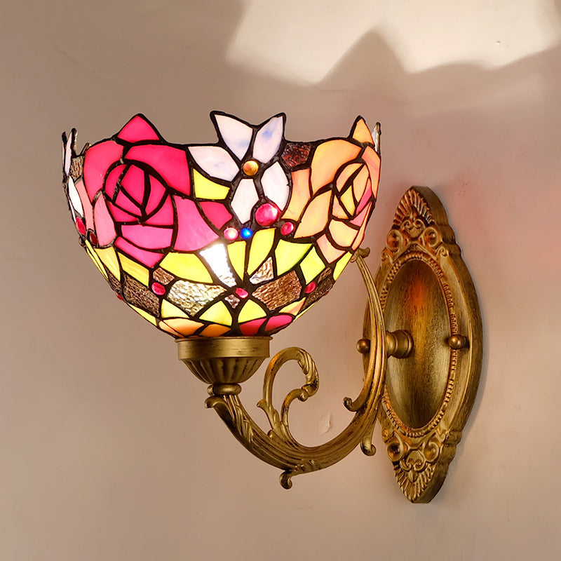 Victorian Stained Glass Wall Light With Gold Bowl Shade And Petal Pattern