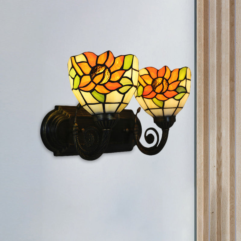 Sunflower Stained Glass Wall Sconce With 2 Lights & Brass Finish - Perfect For Bedrooms