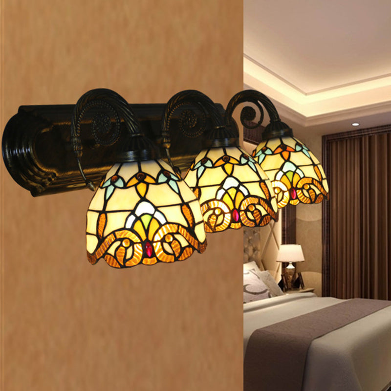 Scalloped Dome Tiffany Wall Lamp: Stained Glass Brass Fixture With 3 Heads For Corridor Lighting