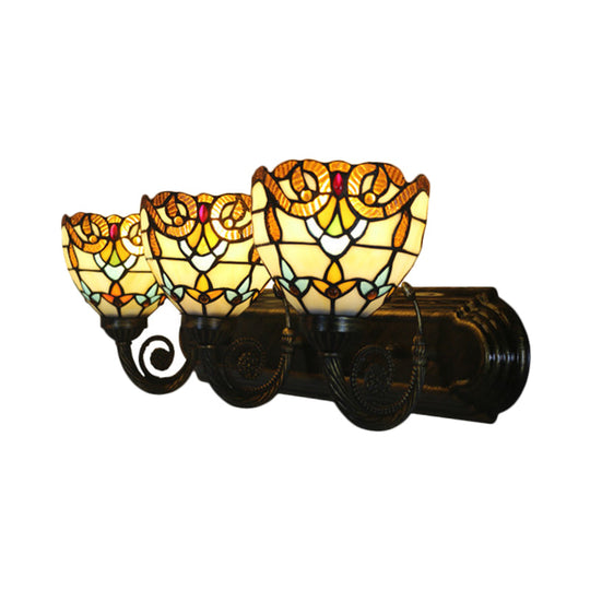 Scalloped Dome Tiffany Wall Lamp: Stained Glass Brass Fixture With 3 Heads For Corridor Lighting