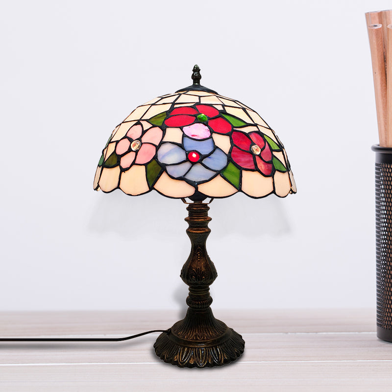 Art Deco Stained Glass Table Lamp With Floral Design And Dome Shade Bronze