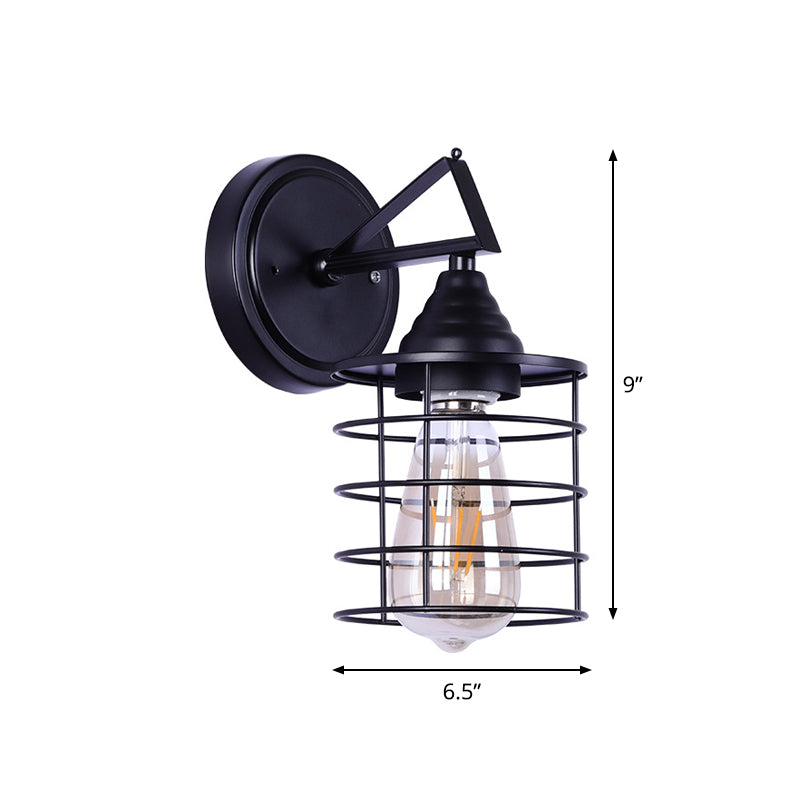 Farmhouse Black Metal Wall Light With Cylindrical Frame - Dining Room Lamp (1 Bulb)