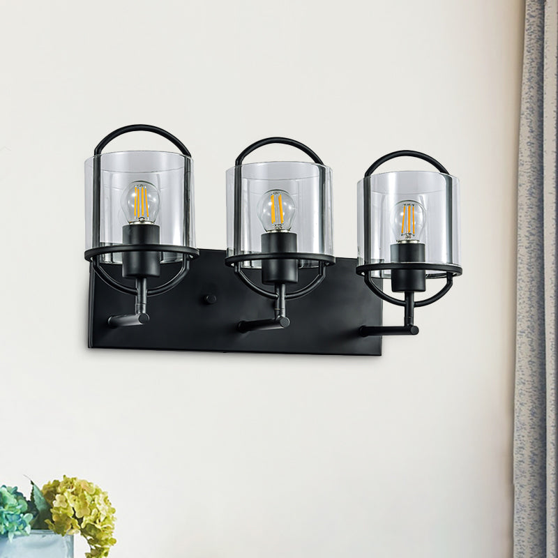 Retro Style Clear Glass Wall Light With Black Cylinder Shades - 3 Heads Oval Frame Design