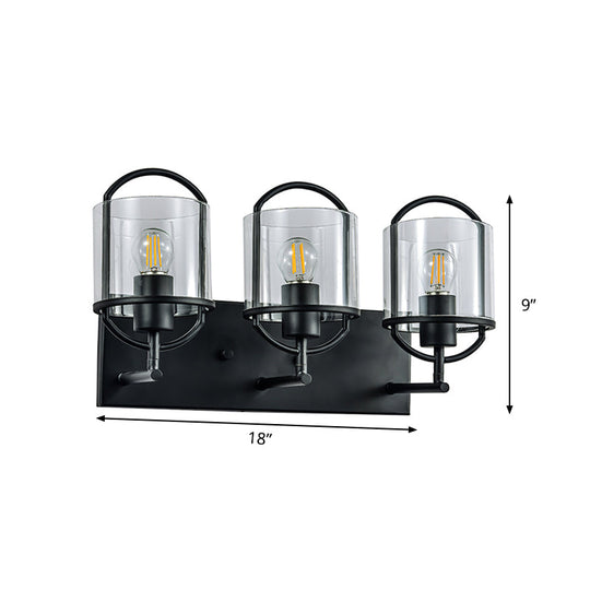 Retro Style Clear Glass Wall Light With Black Cylinder Shades - 3 Heads Oval Frame Design