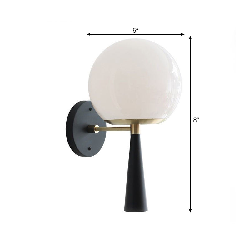 Modern Black Wall Mounted Bedroom Lamp With White Glass Globe Fixture - 1 Bulb