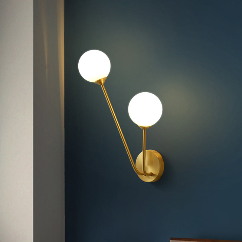 Opaline Glass Globe Led Wall Light Fixture - Mid Century Brass Mount Lamp With 2 Lights