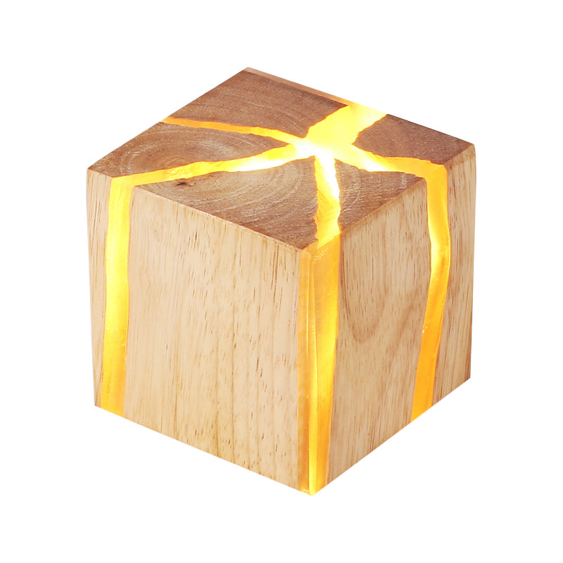 Contemporary Cube Wood Led Wall Light In Burlywood - 1-Light Fixture