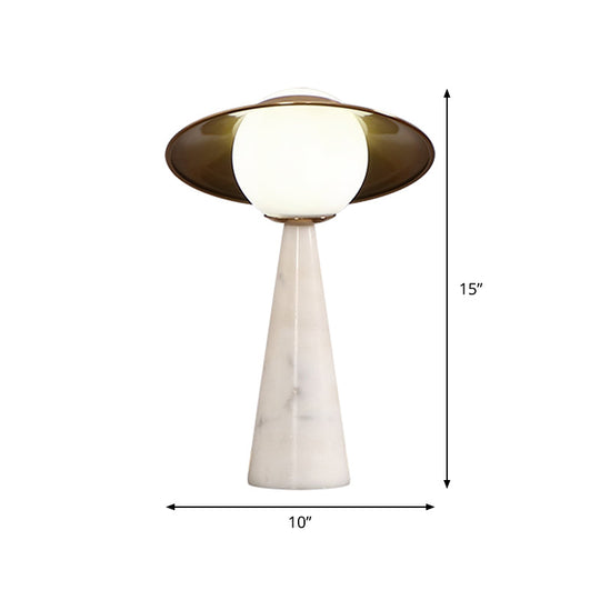 Gold Globe Task Lighting 1-Light Night Table Lamp With White Glass And Metallic Gong Design