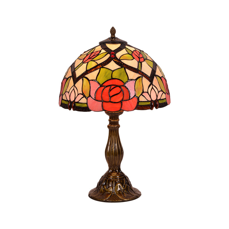 Alrai - Victorian Bloom Night Lighting Victorian Stained Glass 1 Light Brass Finish Nightstand Lamp with Bowl Shade