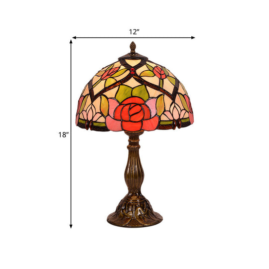 Alrai - Victorian Bloom Night Lighting Victorian Stained Glass 1 Light Brass Finish Nightstand Lamp with Bowl Shade
