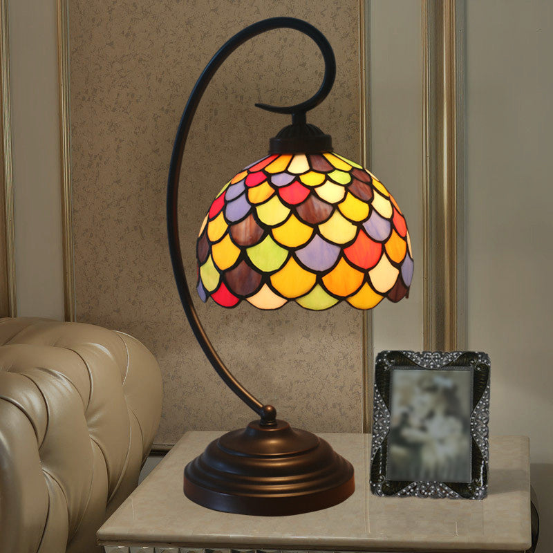 Anna - Tiffany Bronze Dome Shaped Night Table Light Tiffany 1 Light Stained Glass Nightstand Lamp with Fishscale Pattern