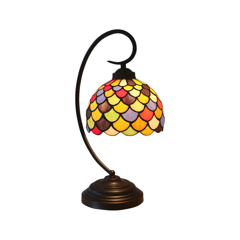 Anna - Tiffany Bronze Dome Shaped Night Table Light Tiffany 1 Light Stained Glass Nightstand Lamp with Fishscale Pattern