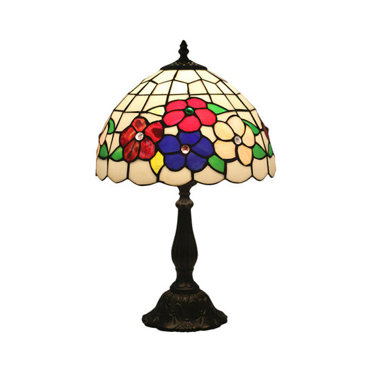 Mediterranean Brass Grid Dome Night Table Lighting With Hand Cut Glass Flower Pattern - 1-Light