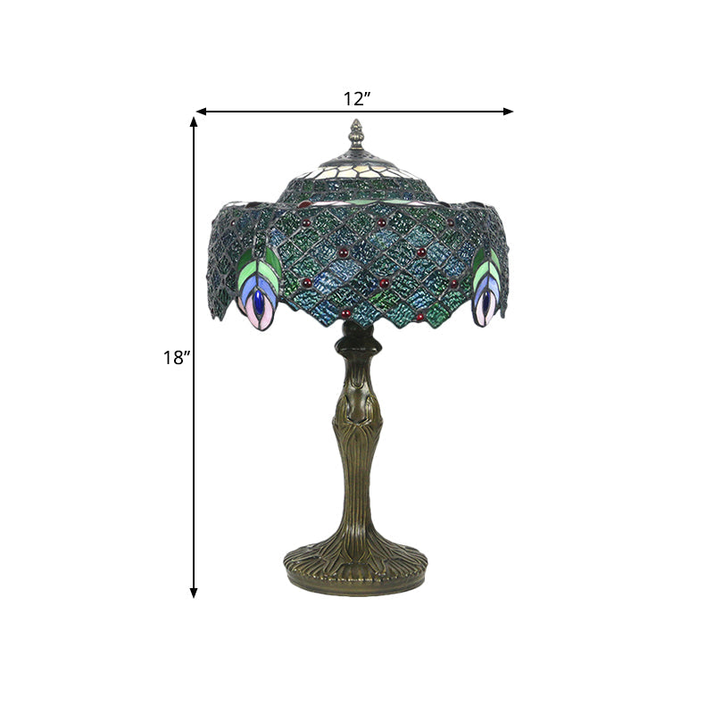 Blue Baroque Glass Nightstand Lamp With Peacock Feather Pattern