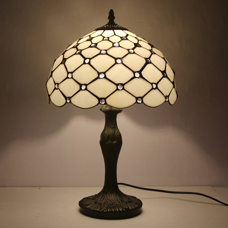 Brass Tiffany White Glass Beaded Task Lamp With Scalloped Edge - 1 Light Night Lighting