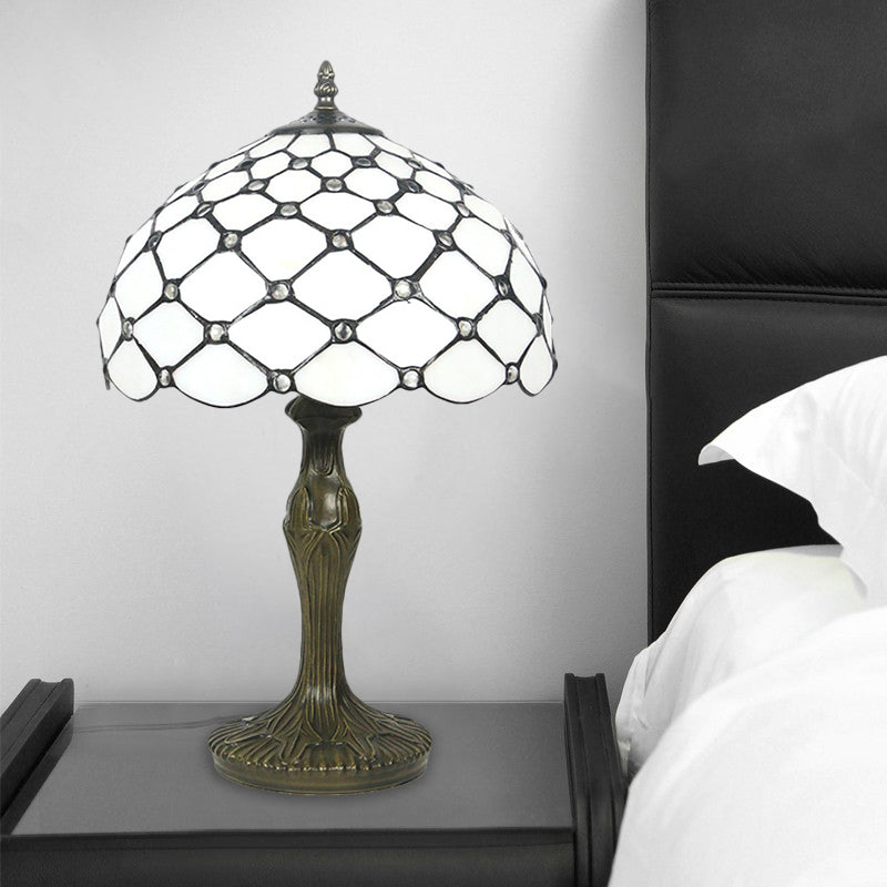 Brass Tiffany White Glass Beaded Task Lamp With Scalloped Edge - 1 Light Night Lighting