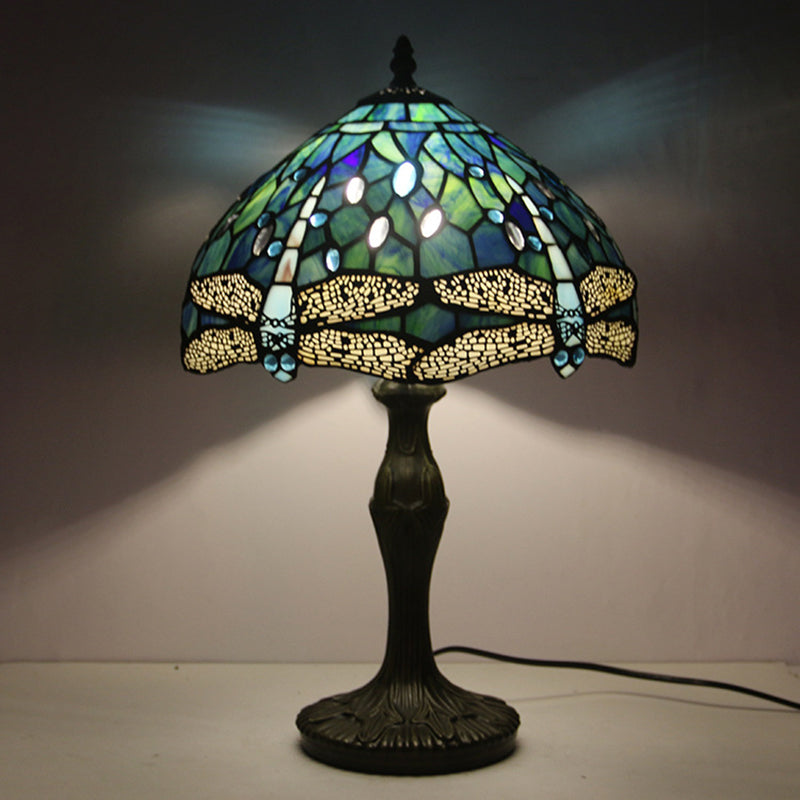 Mediterranean Stained Glass Night Lamp With Dragonfly Pattern - 1-Light Brass Nightstand Light