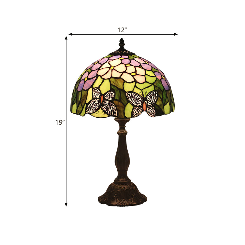 Green Glass Butterfly And Petal Nightstand Lamp With Dome Shade - Hand Cut Mediterranean Table