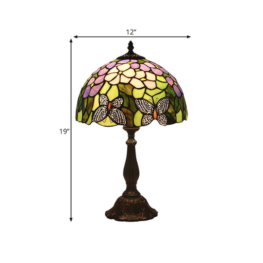 Green Glass Butterfly And Petal Nightstand Lamp With Dome Shade - Hand Cut Mediterranean Table