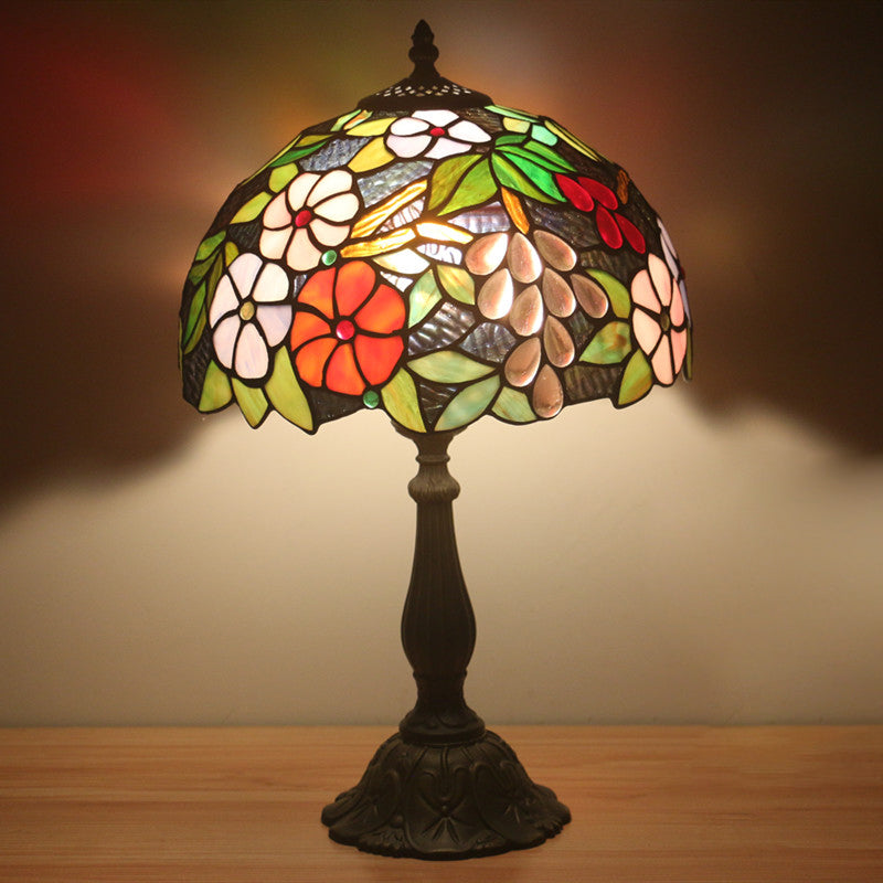 Grape And Floral Cut Glass Nightstand Lighting Tiffany Brass Night Lamp With Bowl Shade