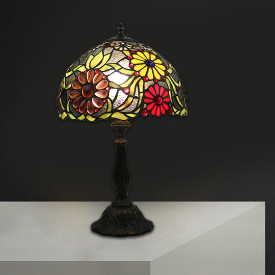 Mediterranean Green Glass Table Lamp With Hand-Cut Flower Pattern - Night Lighting Solution