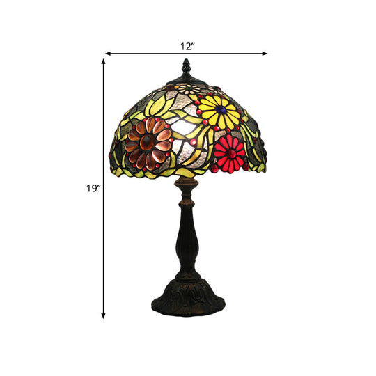 Mediterranean Green Glass Table Lamp With Hand-Cut Flower Pattern - Night Lighting Solution