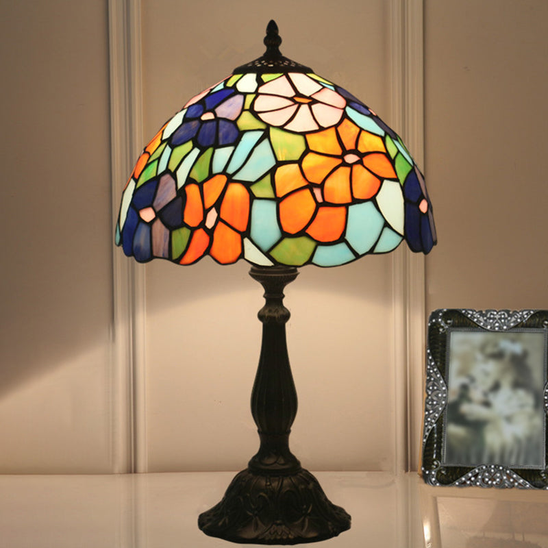 Brass Hand Cut Glass Nightstand Lamp - Bowl Shape With Baroque Bloom Pattern 1 Light Table