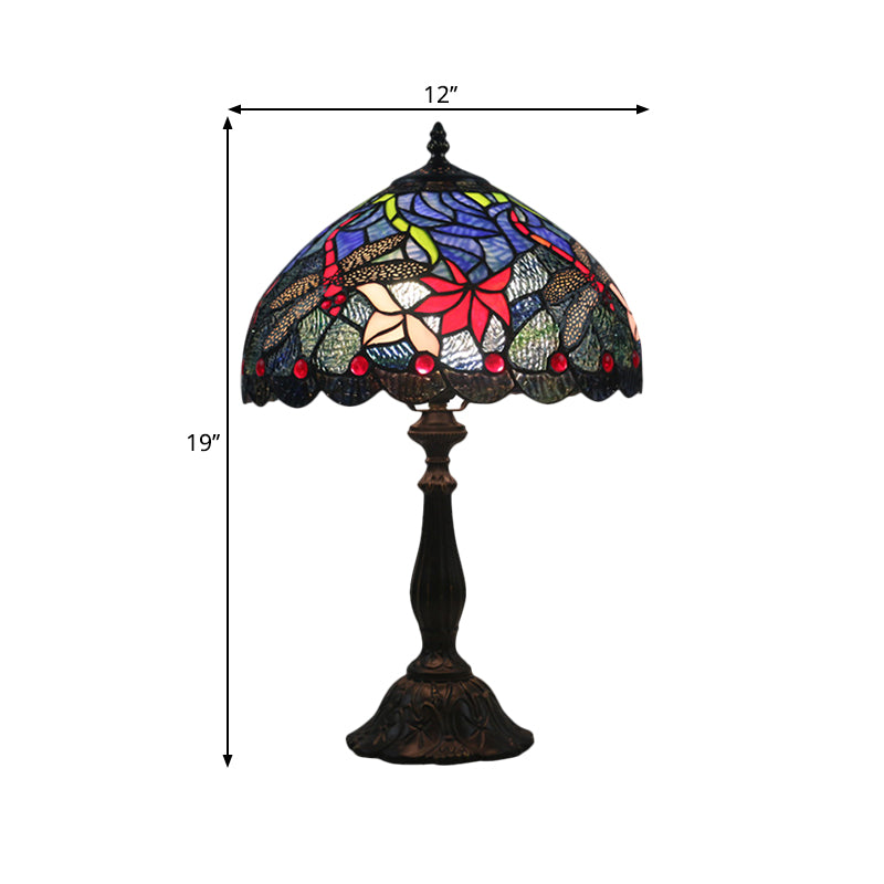 Stained Glass Brass Reading Light Bowl Nightstand Lamp - Mediterranean Flower Pattern