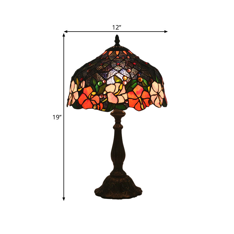 Victorian Brass Floral Patterned Bedroom Lamp With Bowl Cut Glass Shade - Includes Night Light