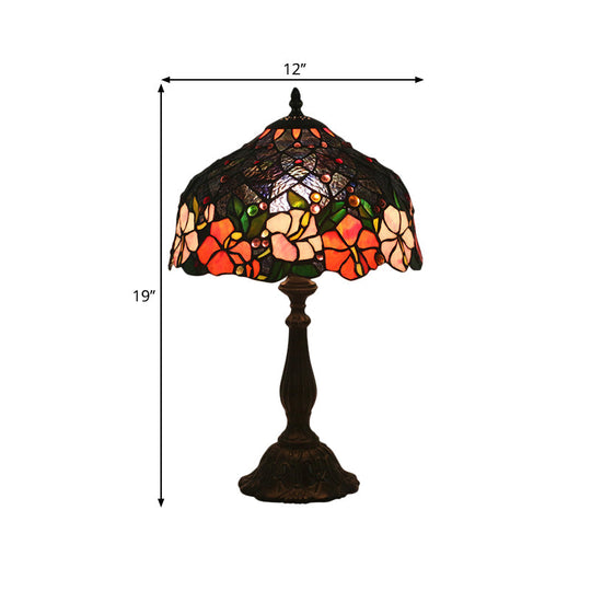 Victorian Brass Floral Patterned Bedroom Lamp With Bowl Cut Glass Shade - Includes Night Light