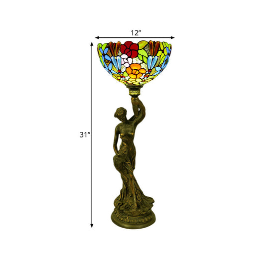 Bowl Table Night Lamp In Brass With Stained Glass Baroque Petal/Dragonfly Pattern & Resin Naked