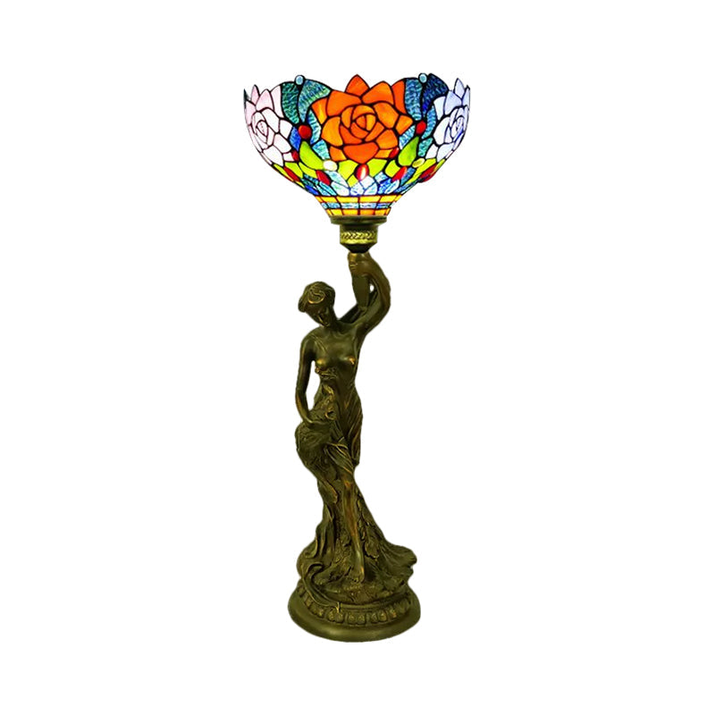 Bowl Table Night Lamp In Brass With Stained Glass Baroque Petal/Dragonfly Pattern & Resin Naked